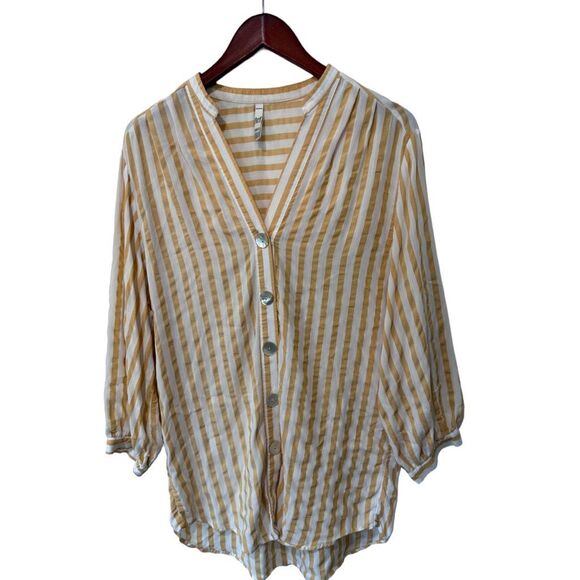 Zara Trf Collection Mustard Yellow Striped Mother of Pearl Blouse Size XS - Picture 5 of 13